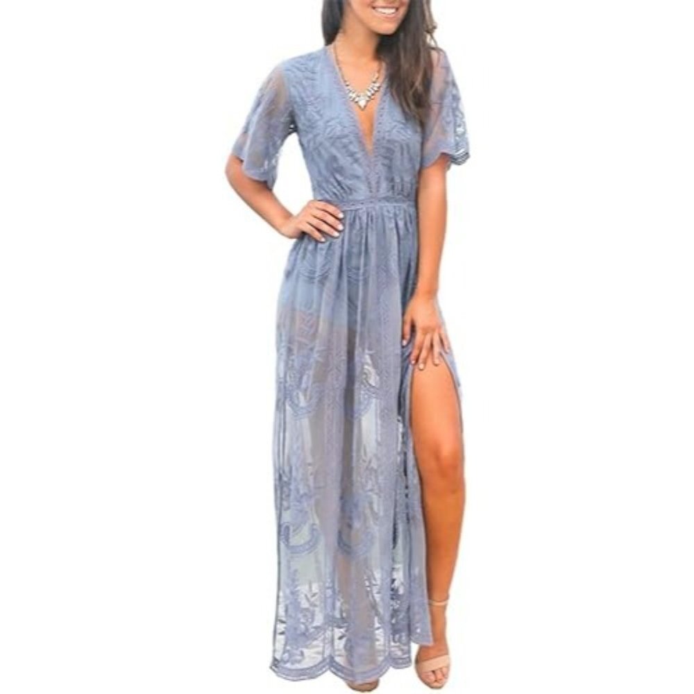 Wild Honey Deep V Dusty Blue Floral Lace Romper Maxi Dress Women Small Boho